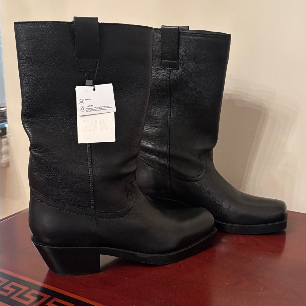 Zara 100% Leather Black Heeled Cowboy Boots sz.7.5 - Picture 12 of 16